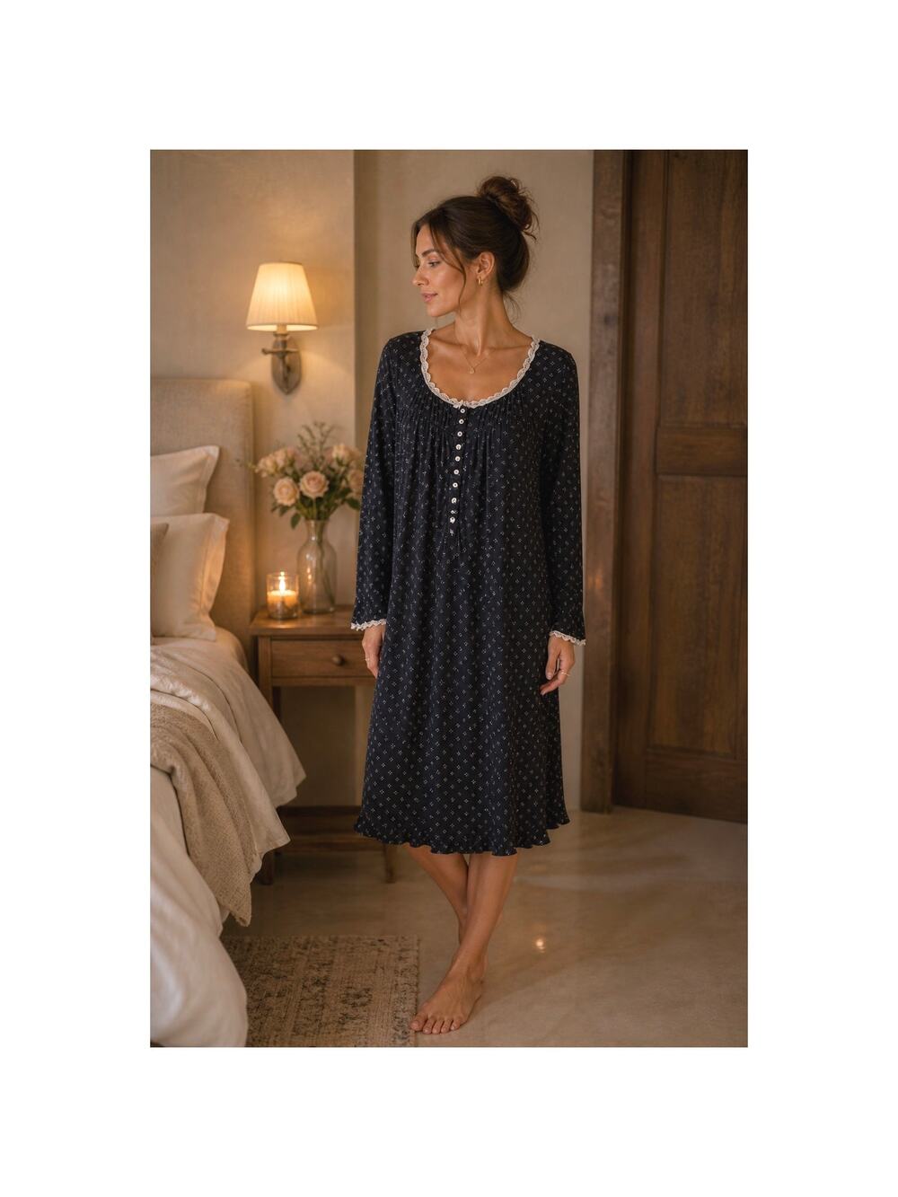 Eileen West Black Modal Nightgown Small Lace Trim Button Front Sleep Dress